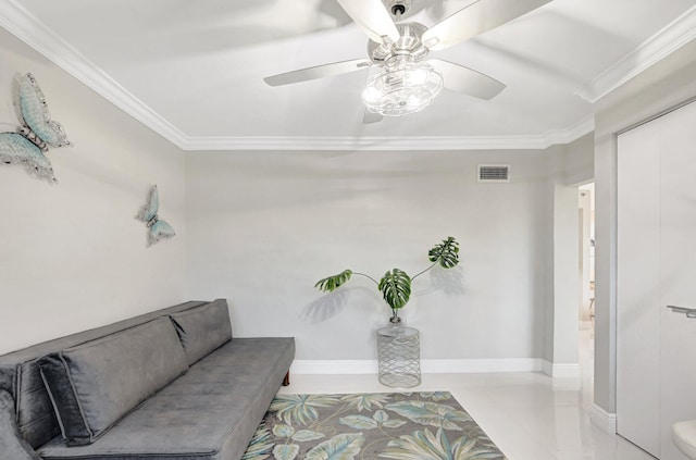 living room featuring crown molding, ceiling fan, and light tile patterned flooring