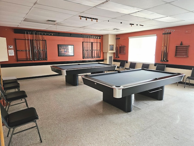 recreation room featuring pool table and a paneled ceiling