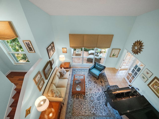 living room with a towering ceiling