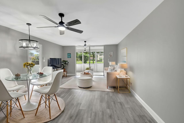 dining room with ceiling fan with notable chandelier and light hardwood / wood-style floors