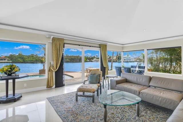 655 Castilla Ln, Boynton Beach, FL 33435 - sunroom with tile patterned floors, healthy amount of natural light, a water view, and ornamental molding