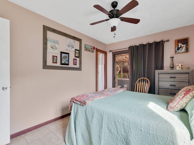 bedroom featuring ceiling fan and light tile patterned floors