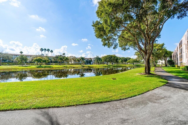 view of property's community featuring a yard and a water view