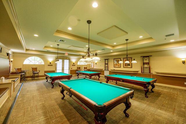 rec room with french doors, billiards, ornamental molding, a raised ceiling, and carpet