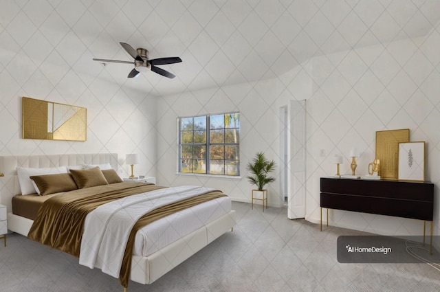 tiled bedroom with ceiling fan