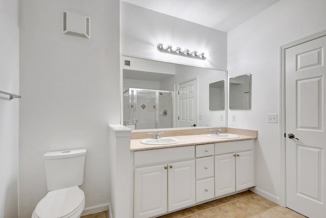 bathroom with visible vents, toilet, a stall shower, and a sink