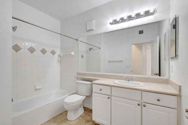 bathroom featuring tile patterned floors, shower / bathing tub combination, vanity, toilet, and visible vents