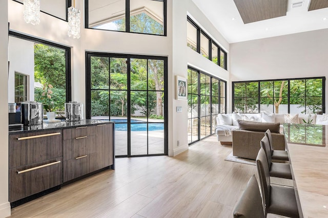 interior space featuring a towering ceiling and light hardwood / wood-style floors