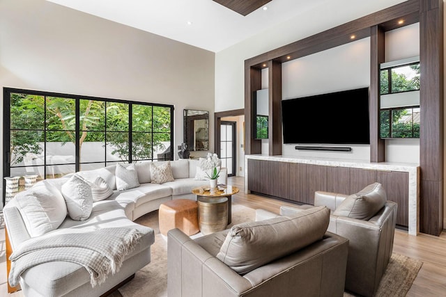 living room featuring light hardwood / wood-style flooring and a high ceiling