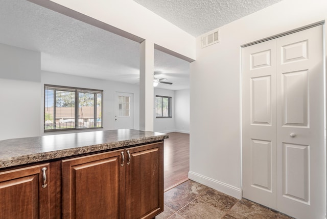 kitchen with a textured ceiling, a wealth of natural light, and ceiling fan