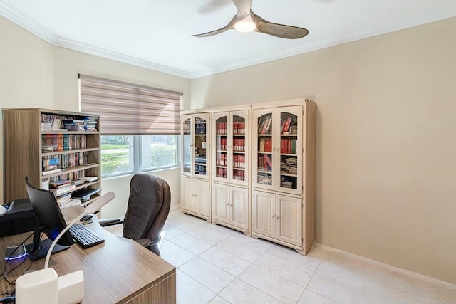 home office with crown molding, light tile patterned flooring, baseboards, and ceiling fan