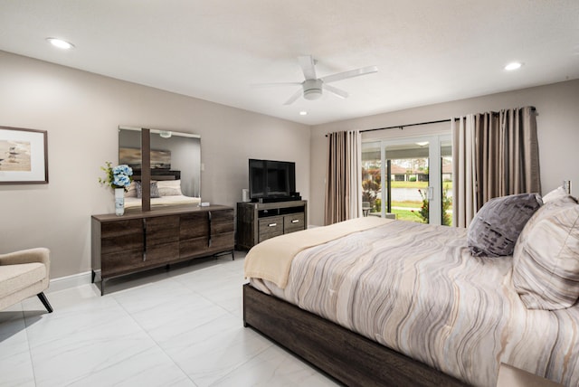 bedroom with baseboards, marble finish floor, a ceiling fan, and recessed lighting