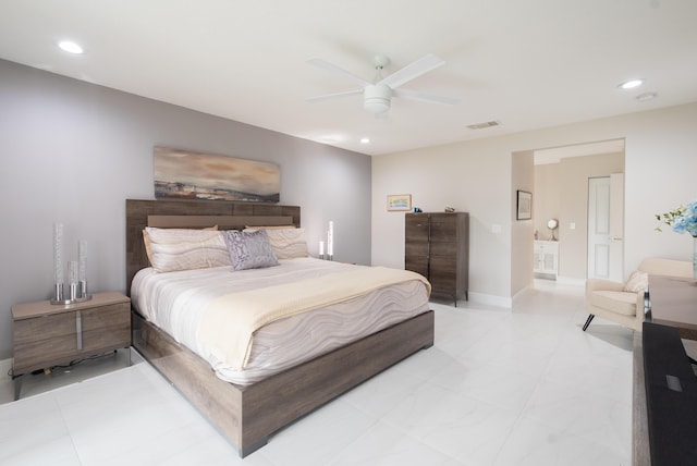 bedroom with baseboards, visible vents, a ceiling fan, and recessed lighting