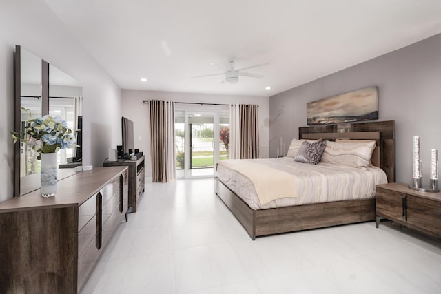 bedroom featuring access to outside, a ceiling fan, and recessed lighting