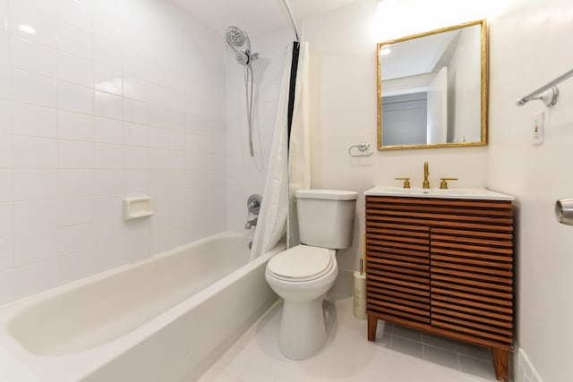 full bathroom with shower / tub combo with curtain, vanity, toilet, and tile patterned flooring