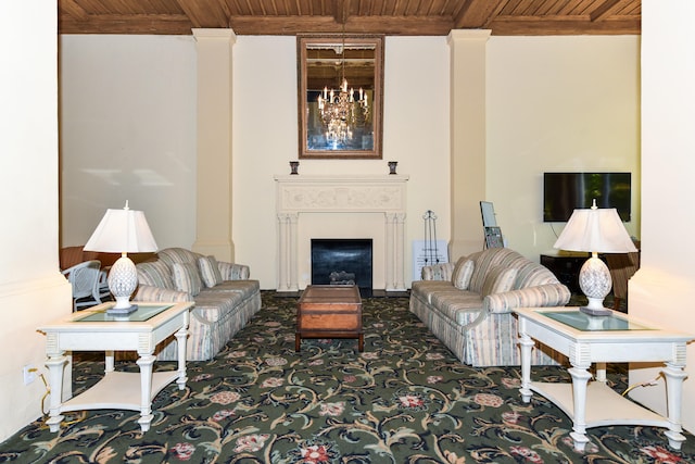 carpeted living room featuring wood ceiling, beam ceiling, and an inviting chandelier