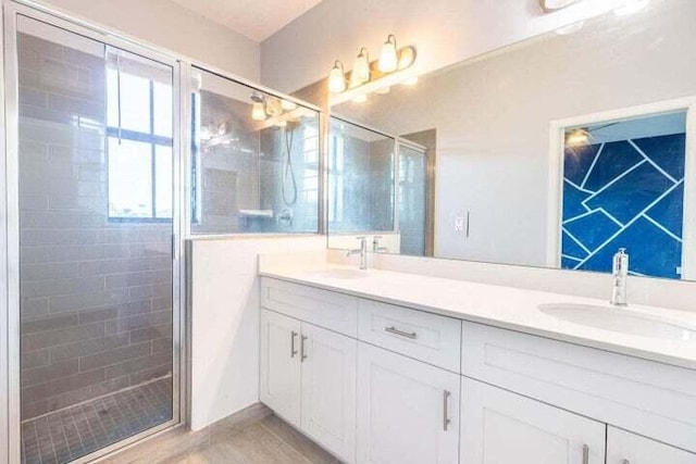 bathroom featuring vanity and a shower with door