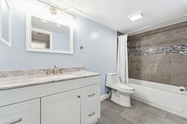 full bathroom with shower / bathtub combination with curtain, vanity, and toilet