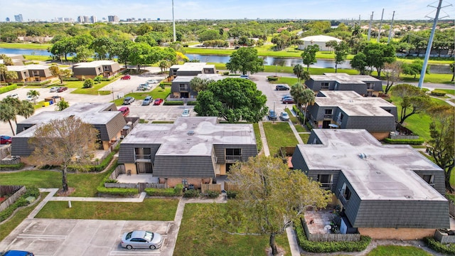 bird's eye view with a water view