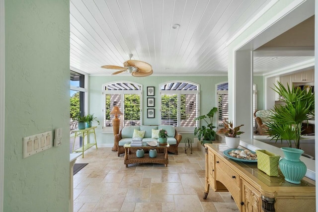 sunroom featuring ceiling fan and wooden ceiling