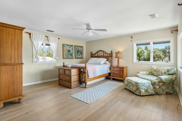 bedroom with ceiling fan and light hardwood / wood-style floors