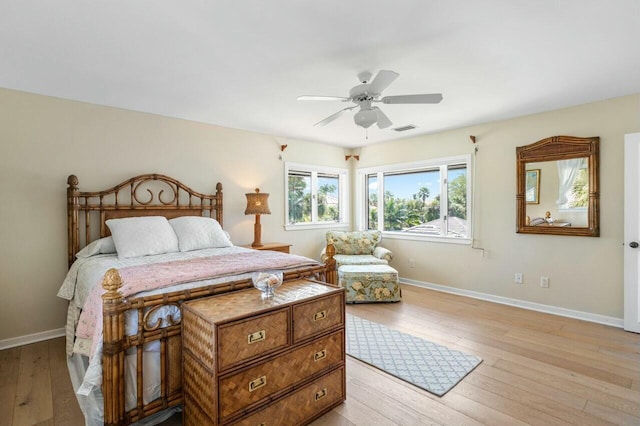 bedroom with ceiling fan and light hardwood / wood-style floors