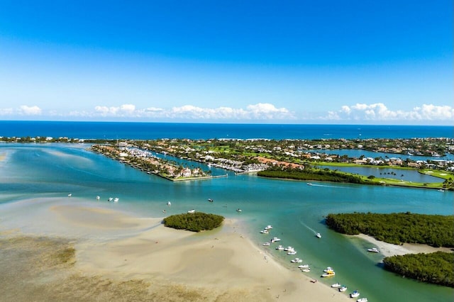 aerial view featuring a beach view and a water view