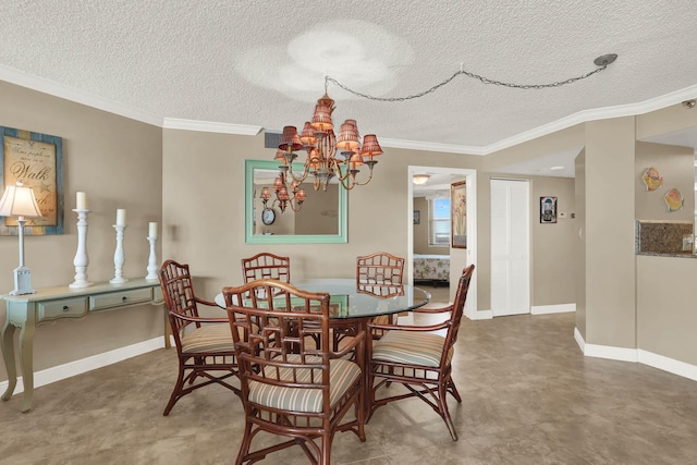 dining area with crown molding, a textured ceiling, and a notable chandelier