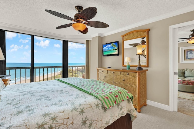 bedroom with crown molding, access to exterior, a textured ceiling, a beach view, and light carpet
