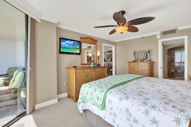 bedroom with access to outside, ceiling fan, crown molding, light carpet, and a textured ceiling