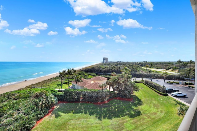 bird's eye view with a water view and a beach view