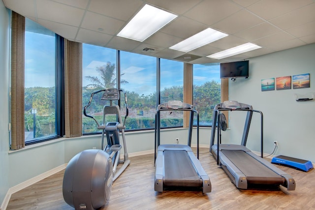 workout area featuring a paneled ceiling and light wood-type flooring