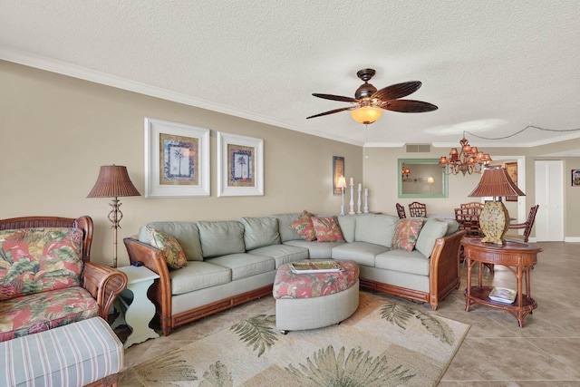 living room with crown molding, ceiling fan with notable chandelier, and a textured ceiling