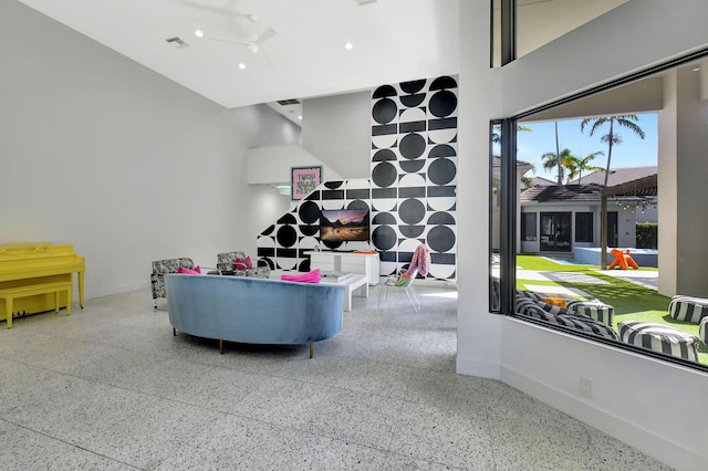 sitting room with baseboards, visible vents, a ceiling fan, and recessed lighting