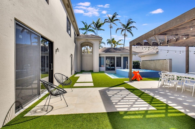 view of patio / terrace with outdoor dining area, an outdoor pool, a jacuzzi, and a pergola