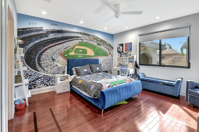 bedroom with ceiling fan, dark wood-style flooring, baseboards, and recessed lighting