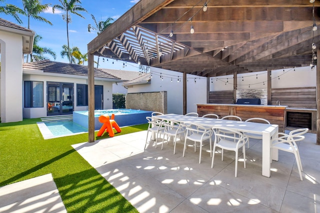 view of patio / terrace featuring an outdoor pool, outdoor dry bar, and a pergola