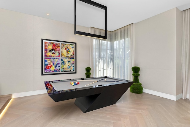 rec room with light parquet flooring and billiards