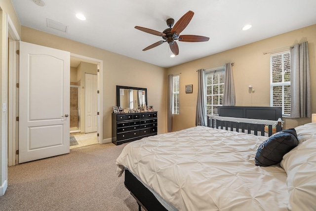 bedroom featuring recessed lighting, visible vents, carpet flooring, connected bathroom, and ceiling fan