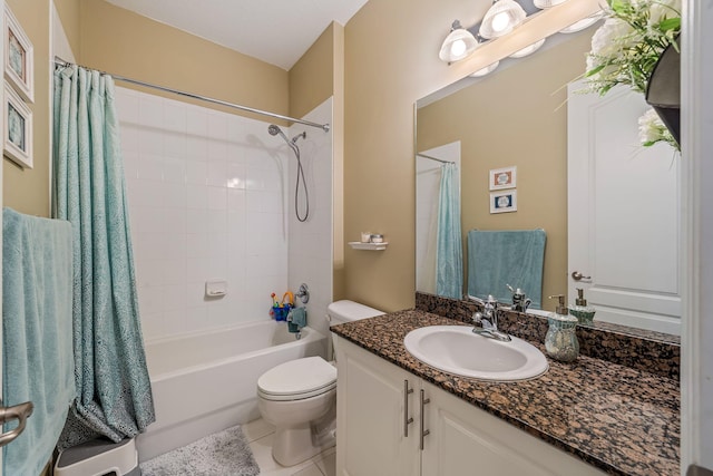 bathroom with shower / bath combination with curtain, vanity, toilet, and tile patterned floors