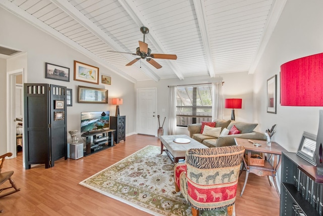 living area with lofted ceiling with beams, visible vents, a ceiling fan, and wood finished floors