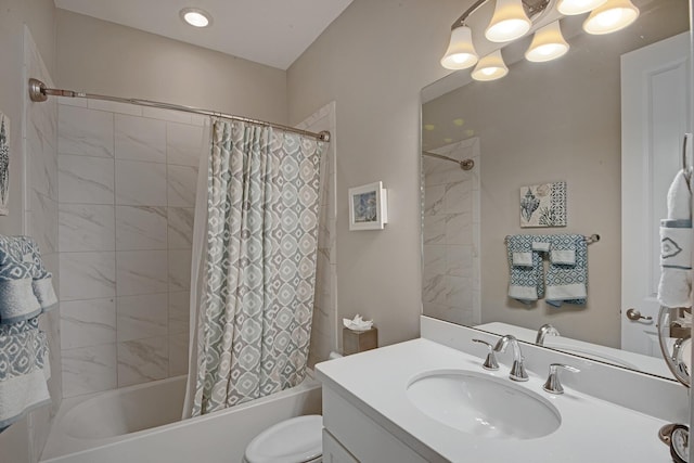 bathroom featuring shower / tub combo with curtain, vanity, and toilet