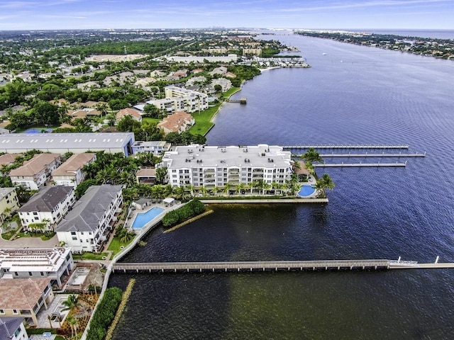 drone / aerial view featuring a water view