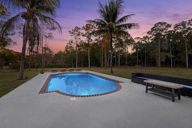 pool at dusk featuring a yard and a patio