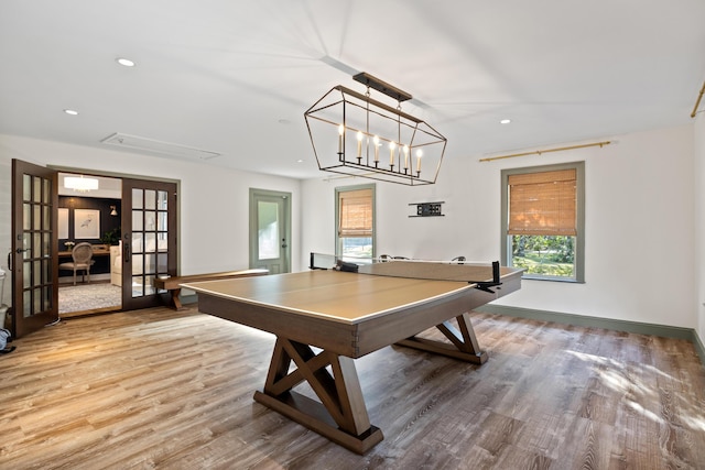 recreation room featuring wood-type flooring and french doors