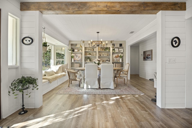 unfurnished dining area featuring an inviting chandelier, beam ceiling, hardwood / wood-style floors, and wood walls