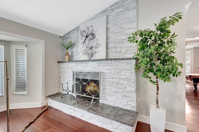 room details with wood-type flooring and a fireplace