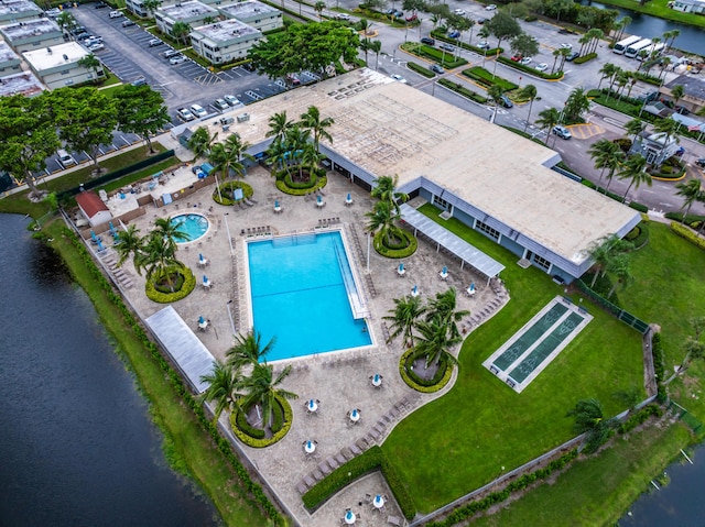 drone / aerial view featuring a water view