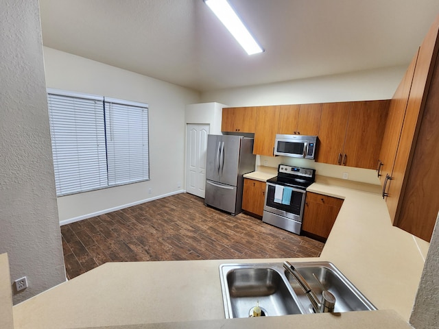 kitchen with sink, dark wood-type flooring, and appliances with stainless steel finishes