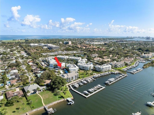 drone / aerial view with a water view and a city view